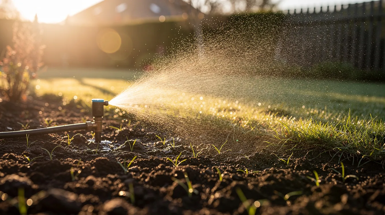 A garden sprinkler is gently watering a freshly sown lawn area, creating a fine mist in the early morning light. The scene captures the nurturing of grass seed, promoting the growth of a lush green lawn, ideal for family gardens.
