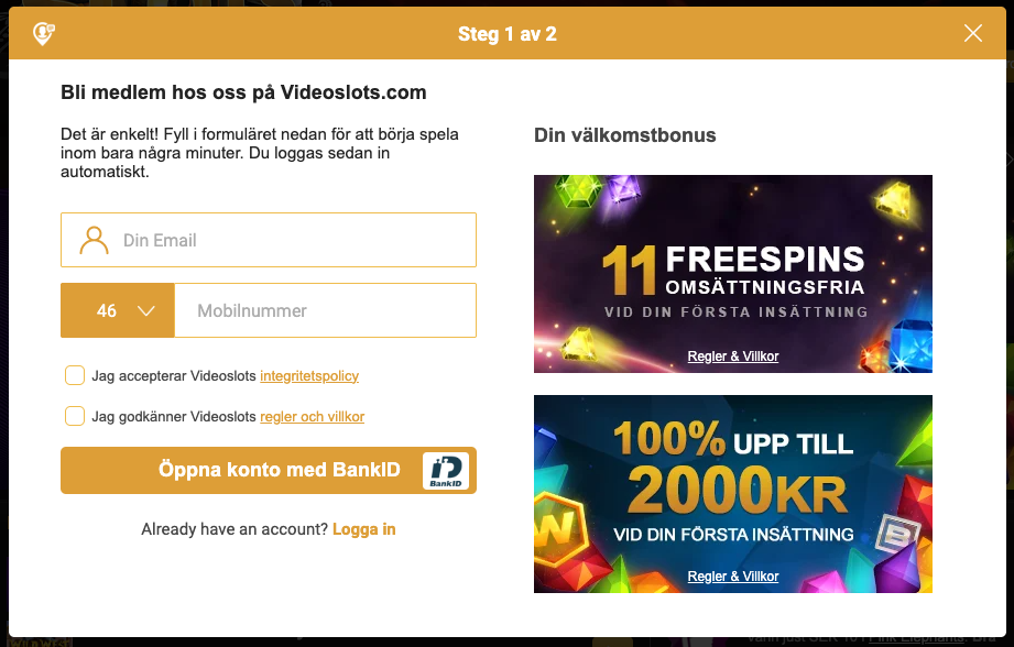 Videoslots online casino registrering