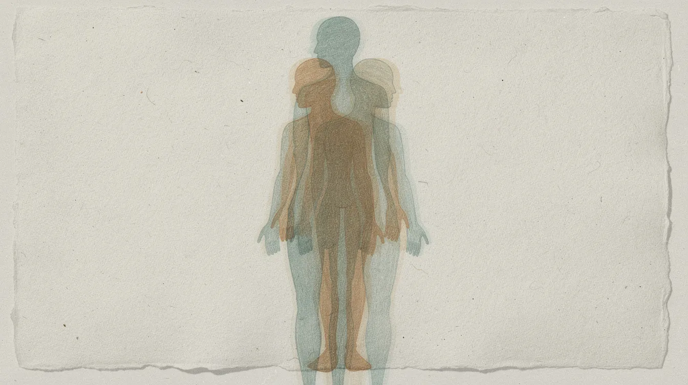 The image features several translucent, overlapping human silhouettes layered within a single figure, rendered in a muted teal and warm amber palette, suggesting a calm and ordered representation of emotional complexity. This abstract illustration evokes themes related to schema therapy, such as the vulnerable child mode and coping styles, reflecting the interplay of core emotional needs and maladaptive coping modes.