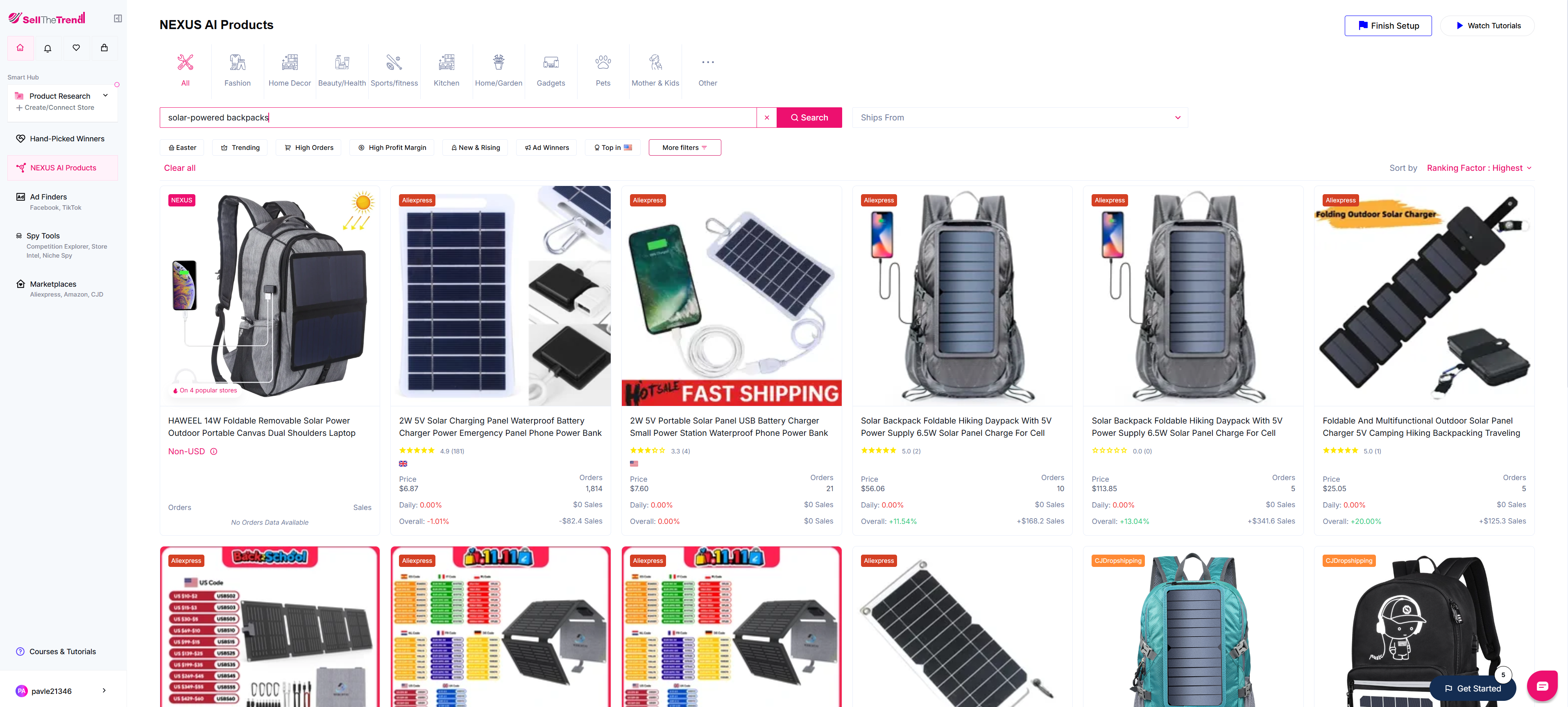 using sell the trend to find solar-powered backpacks