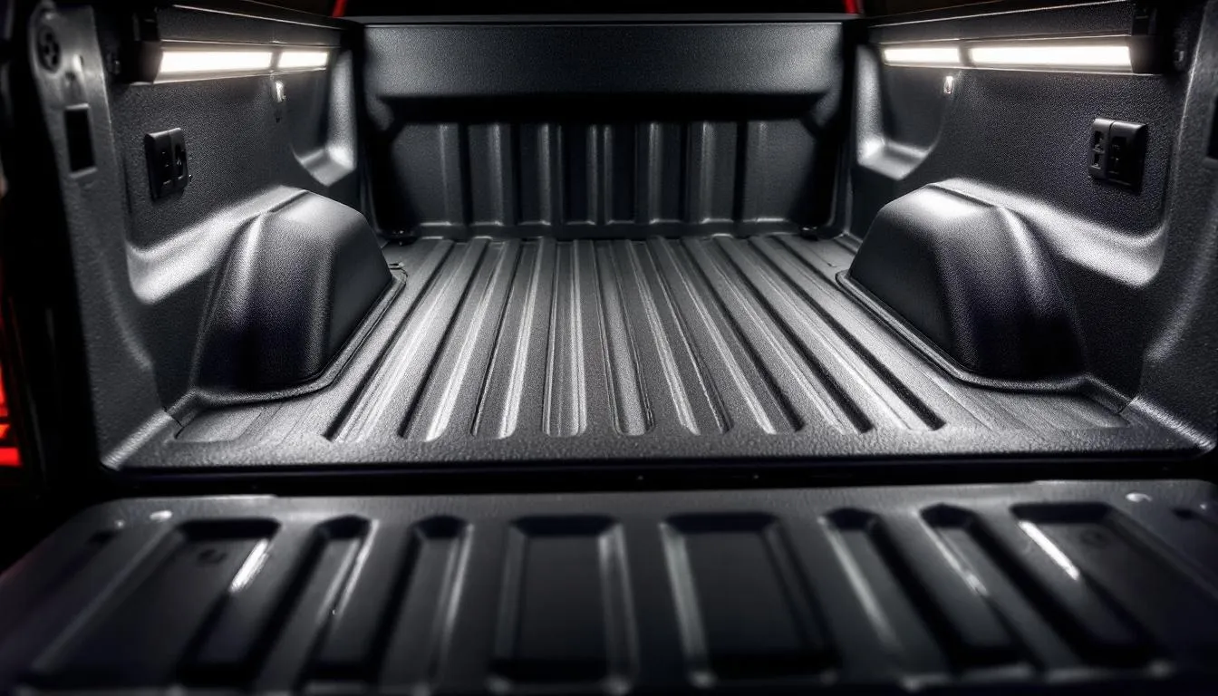 The image showcases the bed of a Chevy Silverado pickup truck, featuring LED lighting and power outlets for enhanced functionality. This truck bed exemplifies the spacious cargo area and versatility that come with various Chevy Silverado bed sizes, making it ideal for hauling and transporting goods.