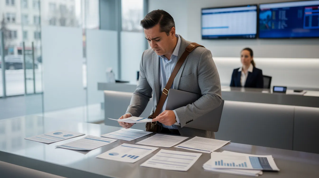 c86125b5 9332 42f2 bb26 c3bf1ddda1cd An image depicts a small business owner, appearing confused as they review various documents at a bank counter, possibly related to a mudra loan application under the Pradhan Mantri Mudra Yojana. The scene highlights the complexities of securing funding from financial institutions, with the owner likely assessing eligibility and required documents for their small business.