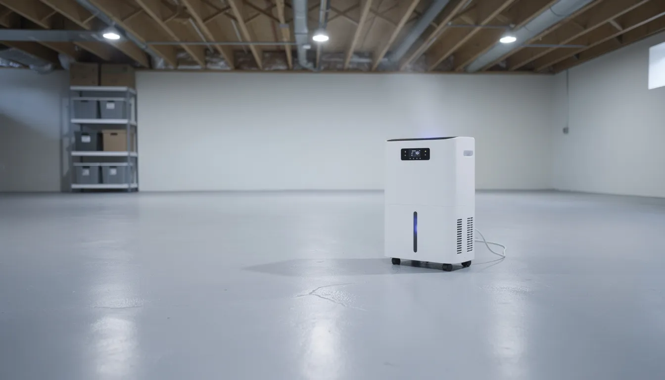 A dehumidifier is operating in a clean, dry basement with a concrete floor, effectively managing moisture levels to prevent water intrusion and protect the home's foundation. The space appears well-maintained, indicating efforts towards basement waterproofing and ensuring a dry environment free from mold and water damage.