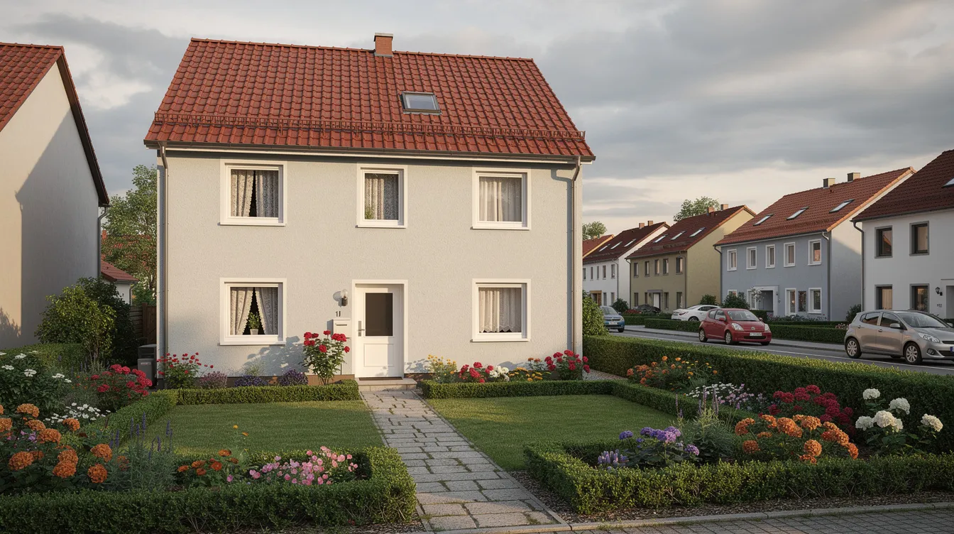 Das Bild zeigt ein kleines deutsches Reihenhaus mit einem gepflegten Vorgarten und einem roten Ziegeldach, eingebettet in eine ruhige Wohnsiedlung. Diese Art von Wohnraum ist besonders für Rentner und Mieter von Bedeutung, die möglicherweise Anspruch auf Wohngeld oder andere Sozialleistungen haben.