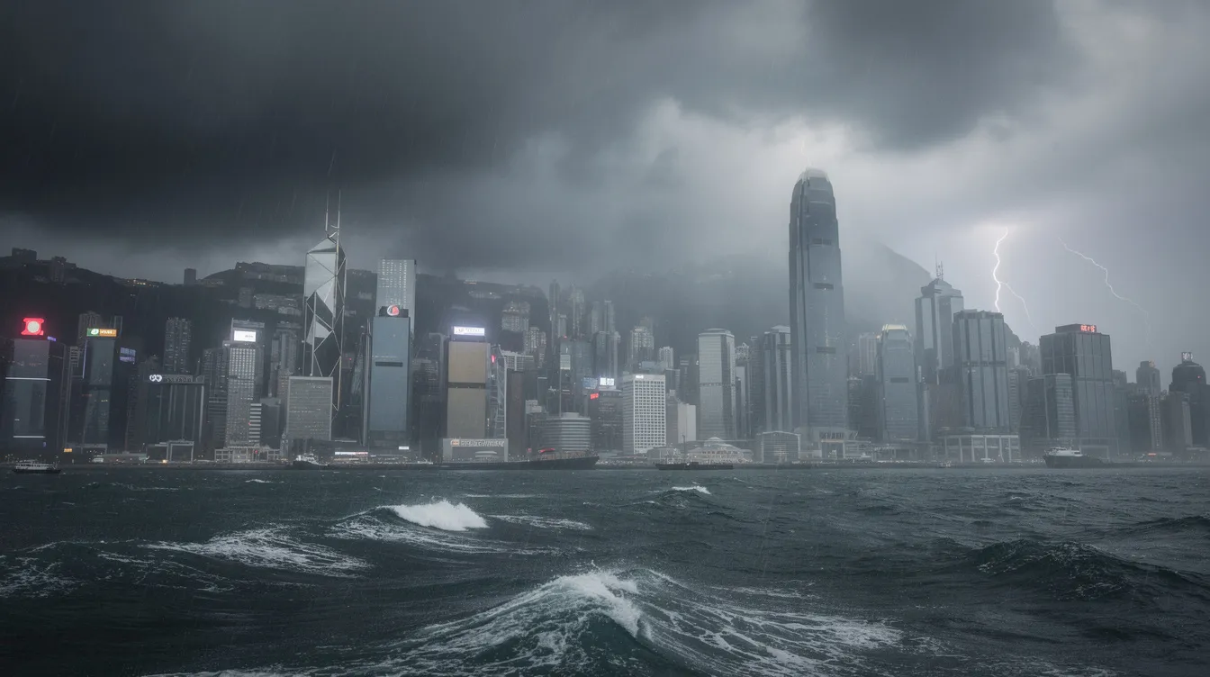 The image depicts a dramatic Hong Kong harbour skyline shrouded in dark typhoon clouds, with heavy rain pouring down, creating a moody and intense atmosphere. The scene captures the essence of a stormy day in the city, highlighting the contrast between the vibrant skyline and the ominous weather.