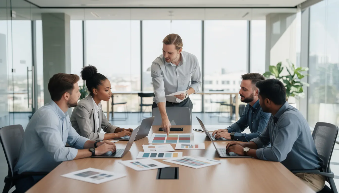 A diverse business team collaborates around a table, engaging with laptops and design documents to enhance their software development strategies. They focus on key considerations for creating a secure online marketplace, emphasizing communication tools and innovative solutions for improved business operations.