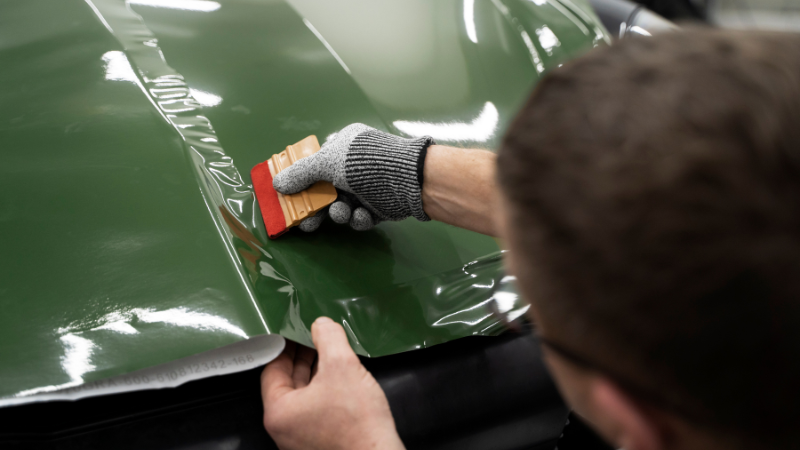 a mechanic is applying PPF on car