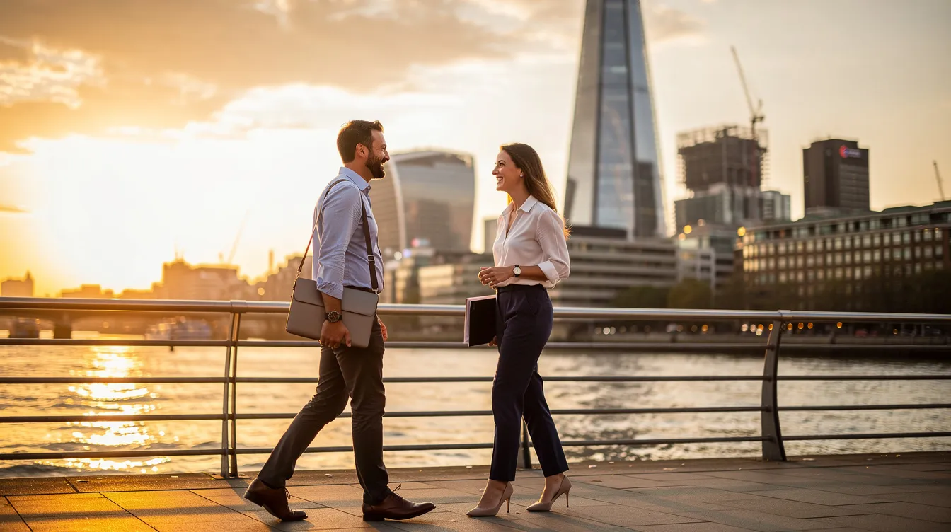 Two professionals in business-casual attire stroll along the Thames at sunset.