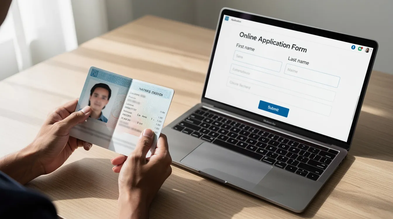An open passport is being held in hands next to a laptop displaying an online form, likely related to the UK electronic travel authorisation application process. This scene emphasizes the importance of passport details and the digital records required for legal status when traveling to the UK.