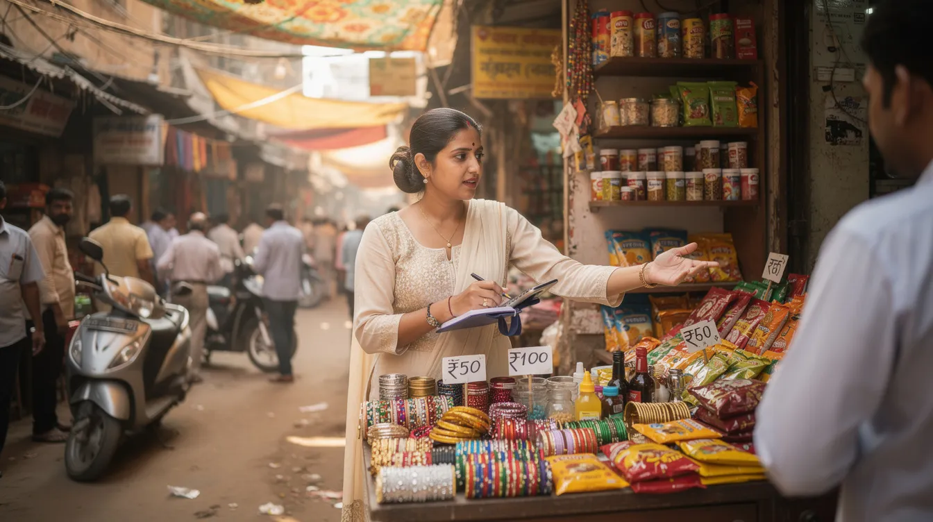 The image depicts a woman entrepreneur confidently managing her small retail shop in a bustling Indian market, surrounded by various products and customers. She embodies the spirit of economic empowerment and entrepreneurship, showcasing the potential of women entrepreneurs to thrive with the right financial support, such as mudra loans and assistance from financial institutions.