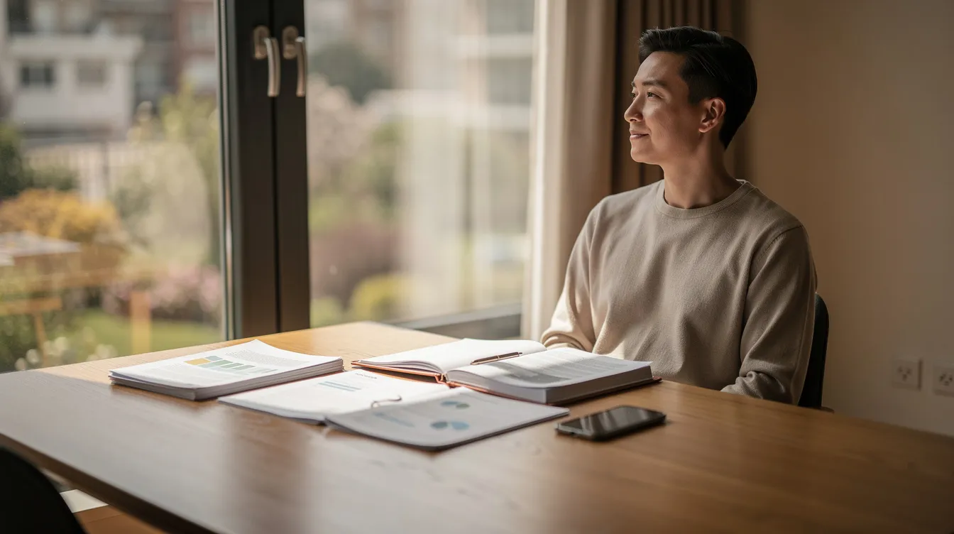 A person sits calmly by a window, surrounded by paperwork and a phone on a table, suggesting they may be working on their social security disability claim or managing medical records related to their mental health. The serene setting contrasts with the complexities of navigating disability benefits and the application process for assistance.