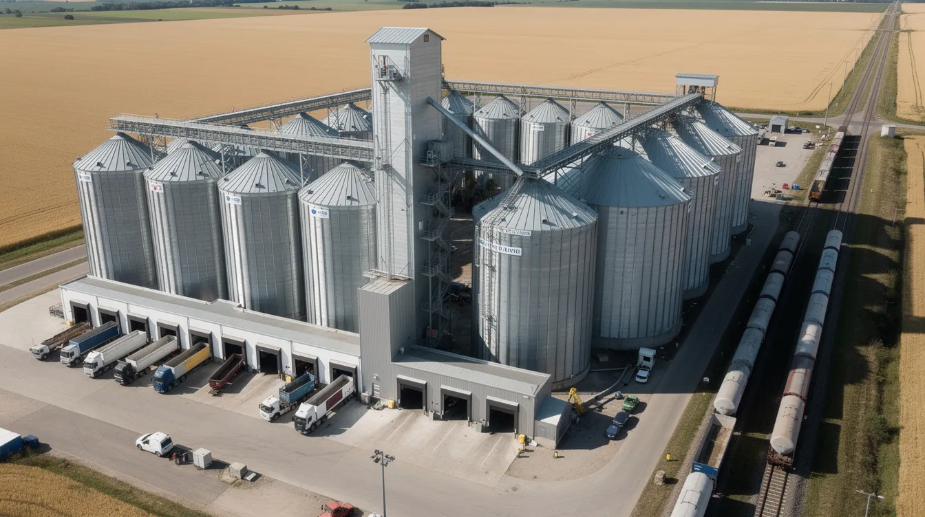 c86a3f0a caee 45c5 989a 6b5e55fde870 An aerial view of a large grain handling facility showcases multiple steel silos for grain storage, conveyor galleries connecting various systems, and trucks lined up at loading bays, with a railway siding nearby for efficient grain transportation. This complete system is designed to optimize the operation and maintenance costs during the harvest season.