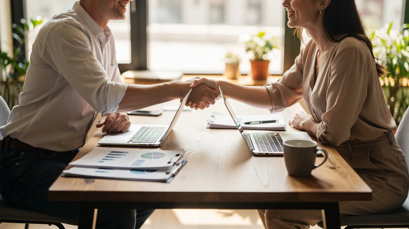 In a casual office setting, two individuals are shaking hands across a desk that holds documents and a laptop, symbolizing a partnership or agreement related to small business financing options. This scene captures the essence of entrepreneurs discussing business loans and the resources available through programs like the small business administration.