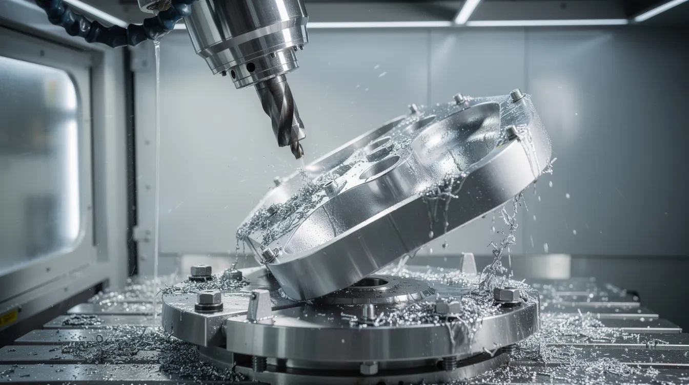 A five-axis CNC machining center is intricately carving a complex metal component, with coolant flowing to maintain optimal temperature during the manufacturing process. This scene highlights the precision and efficiency of CNC machining in creating functional prototype parts for production tooling.
