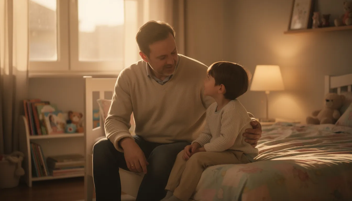 A father sits on the edge of his child's bed in warm evening light, engaging in a quiet conversation that helps teach his young daughter about faith and the importance of trusting God. This intimate moment encourages her to explore difficult subjects and understand God's word through simple, relatable examples.