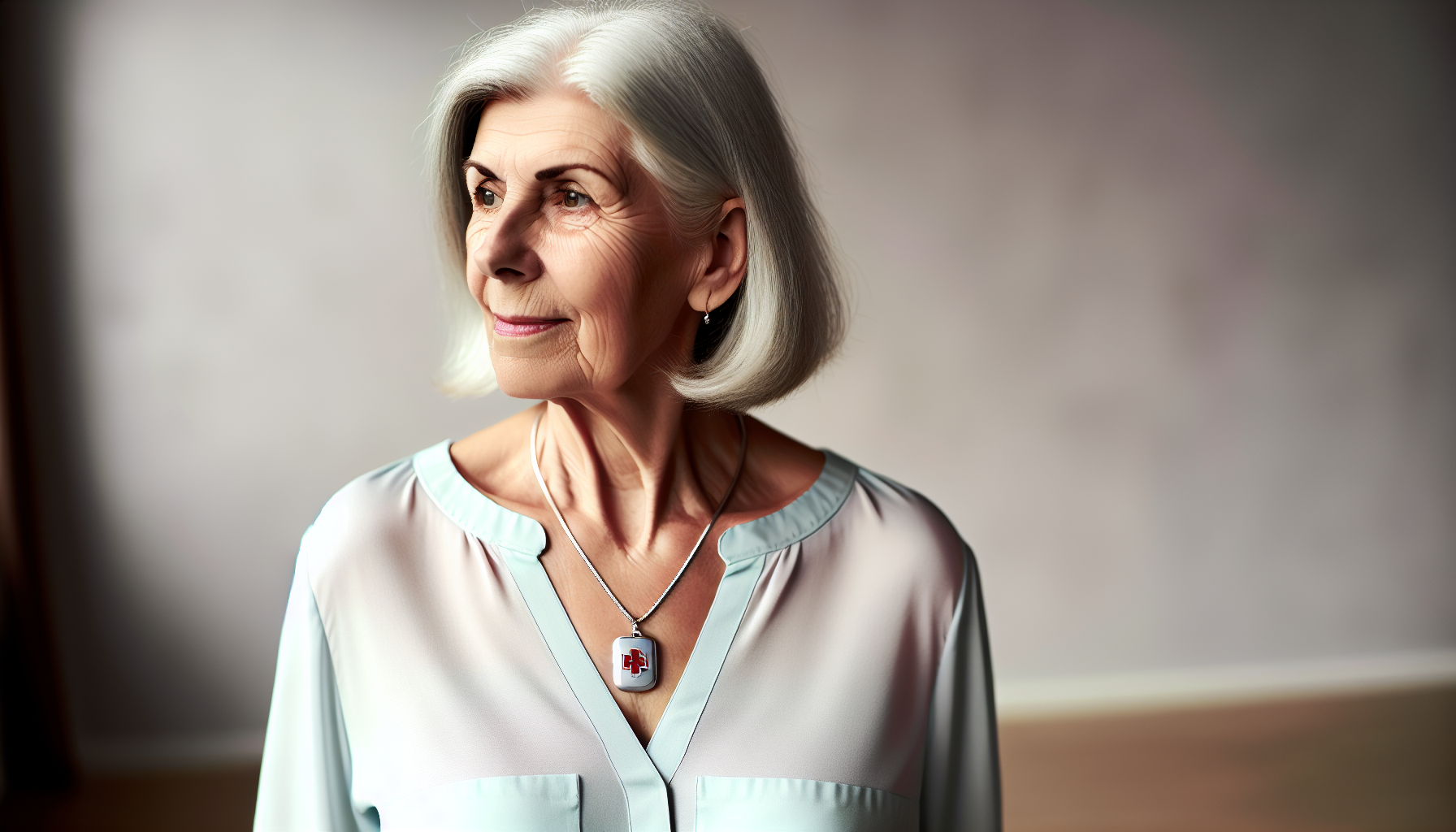 Elderly woman wearing a medical alert necklace