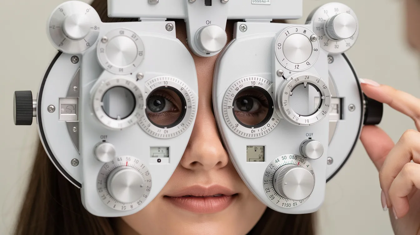 Een close-up van een oogmeting met een foropter bij de optometrist, waarbij de focus ligt op het scherpstellen van de juiste sterkte voor een goede bril of contactlenzen. Deze meting helpt om problemen zoals verziendheid of bijziendheid te corrigeren en zorgt ervoor dat het zicht weer scherp is.