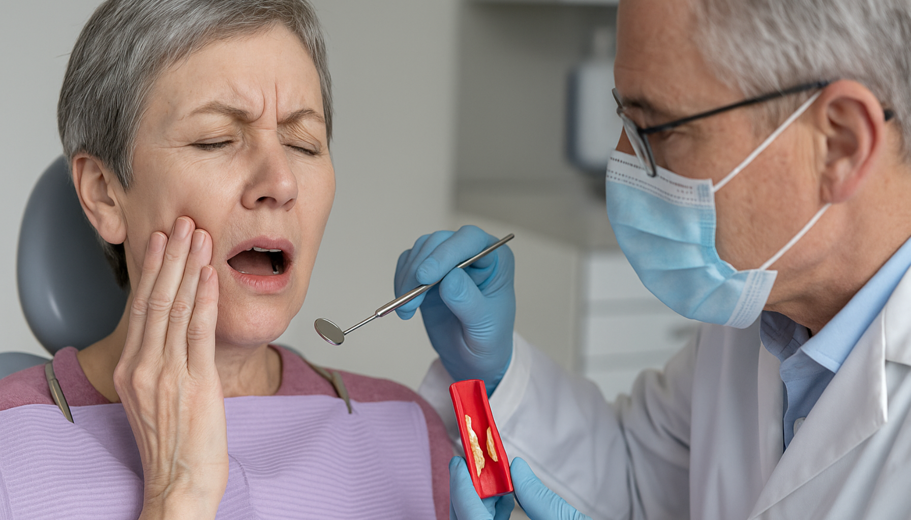 Eldre kvinne hos tannlege viser smerte, tannlege holder modell av blodåre som illustrerer dårlig blodsirkulasjon og munnhelse.