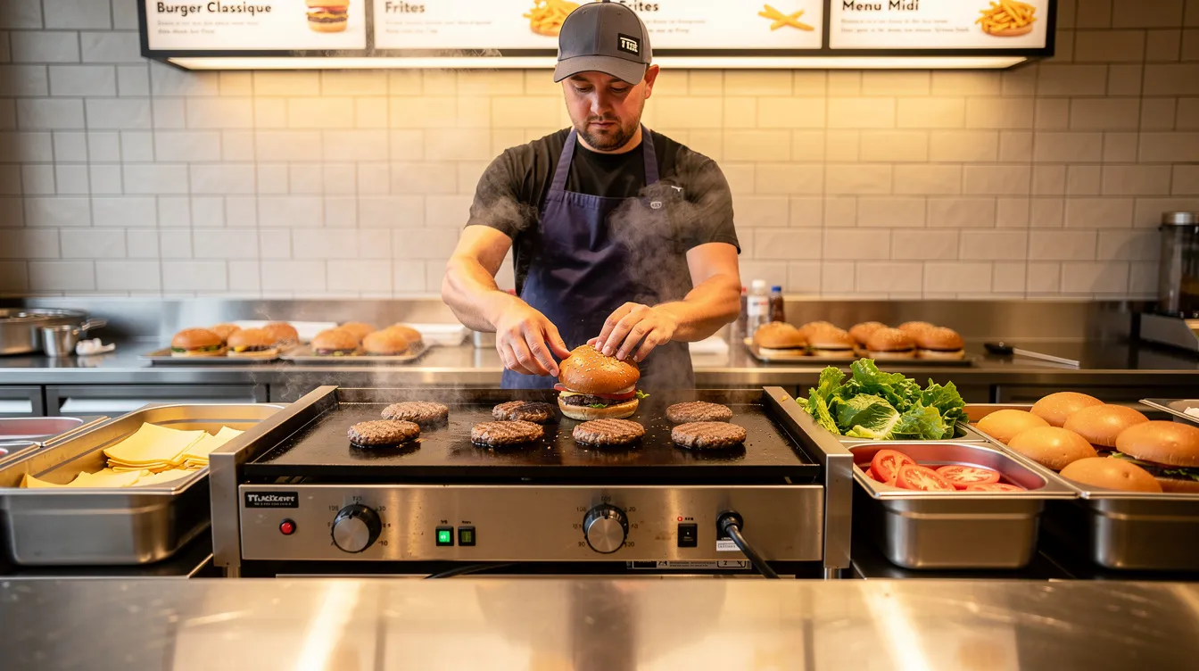 Un comptoir de restauration rapide est visible, où un préparateur assemble des burgers devant une plancha professionnelle en inox. L'image met en avant le matériel utilisé pour la cuisine, illustrant l'efficacité et la qualité du service dans un établissement de snacking.