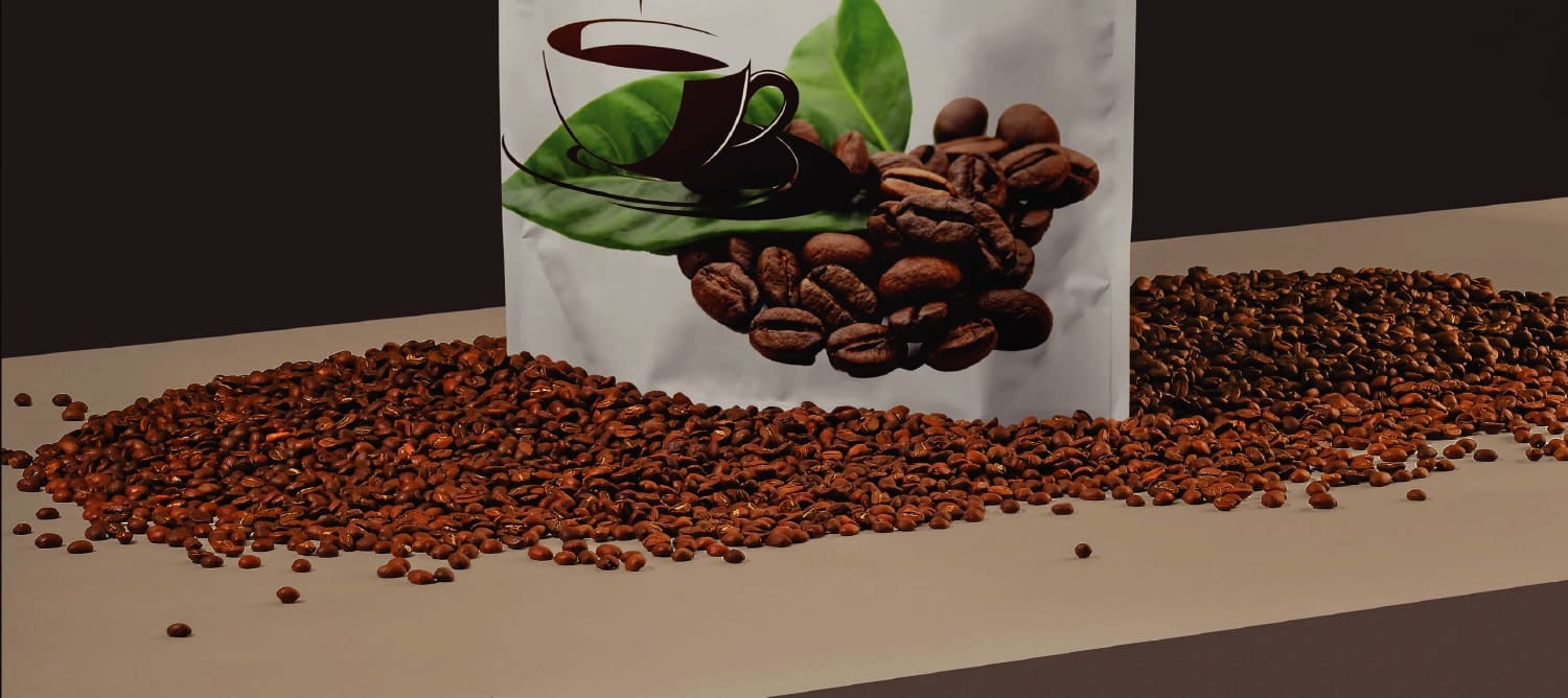 A coffee drop merging into a leaf symbolizes natural flavor, sustainability, and freshness