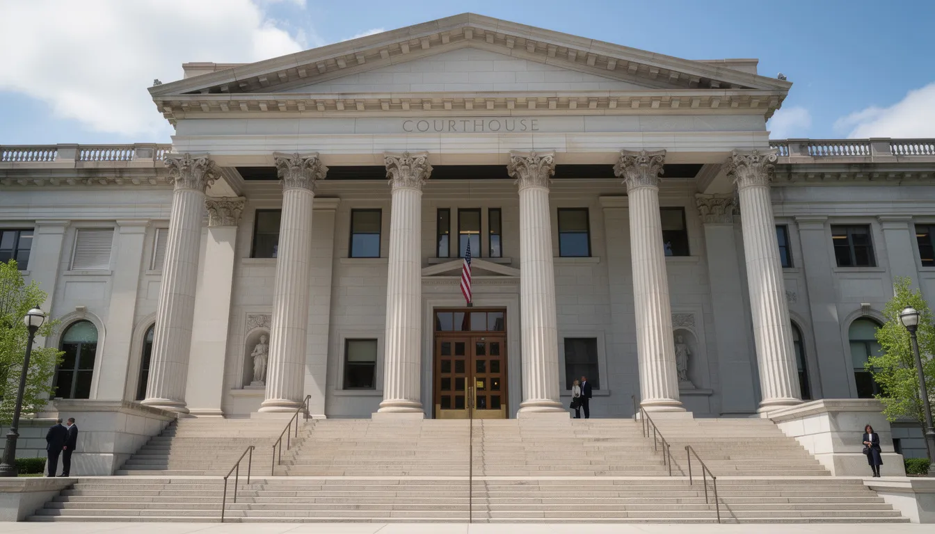 The image depicts a traditional courthouse building characterized by its grand columns and classic architectural design, symbolizing the legal process and the seriousness of criminal matters such as DUI charges and implied consent violations in Tennessee. This structure serves as a reminder of the importance of legal counsel, including DUI defense lawyers, in navigating the complexities of the law.