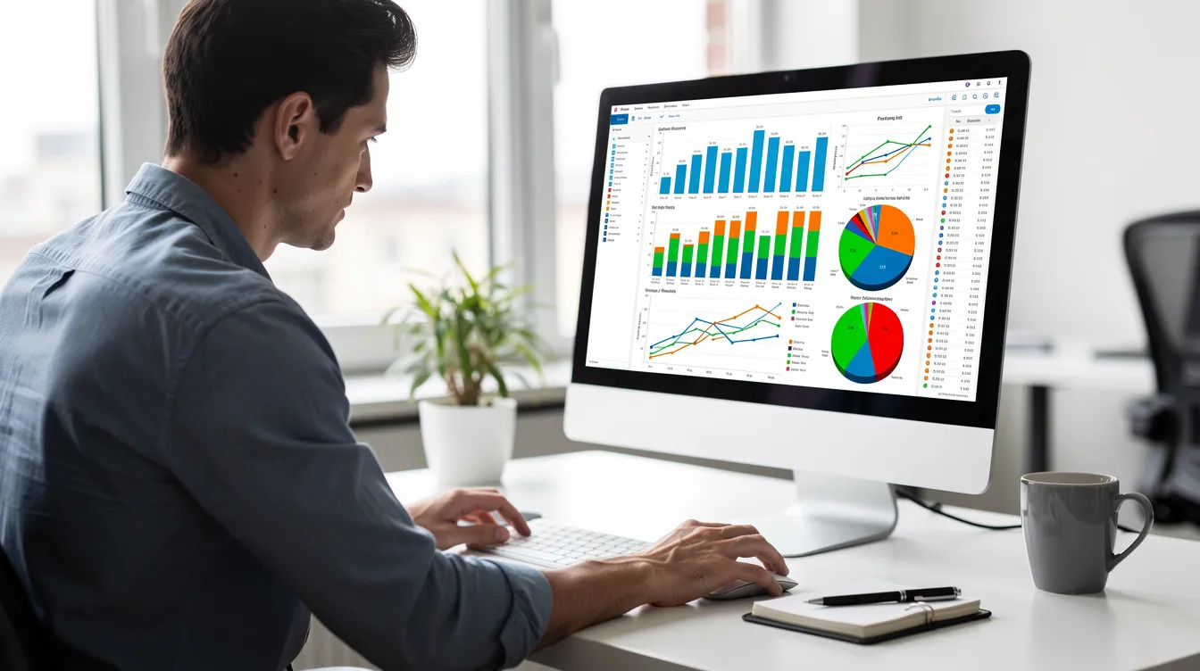 Une personne analyse des graphiques et des tableaux colorés sur un écran d'ordinateur dans un bureau moderne, illustrant l'utilisation d'un logiciel de gestion de flotte pour optimiser les opérations d'une agence de location de voitures. L'environnement de travail reflète une ambiance dynamique et professionnelle, propice à la prise de décisions informées.