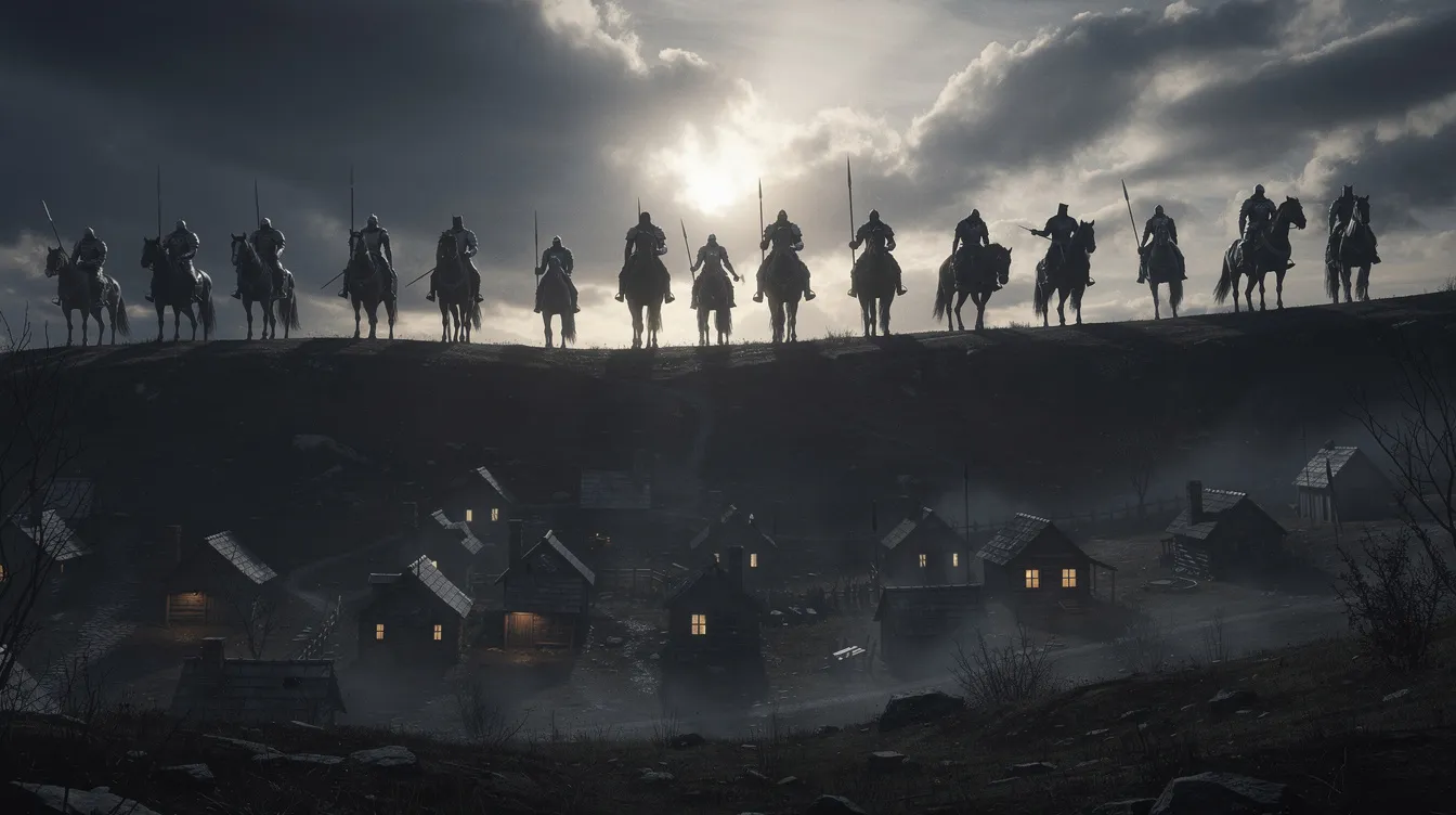 Dunkle Silhouetten von berittenen Kriegern, die wie Samurai wirken, stehen auf einem Hügelkamm und blicken mit drohender Stimmung auf ein kleines Bauerndorf im Tal. Der dramatische Himmel mit dichten Wolken verstärkt die Spannung der Szene, die an Akira Kurosawas Klassiker "Die sieben Samurai" erinnert.