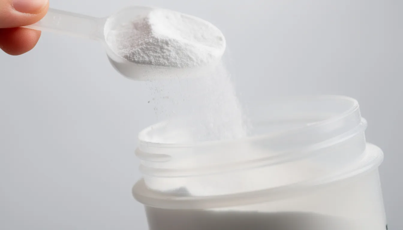 A close-up image shows a scoop of white creatine powder being added to a shaker, emphasizing the process of mixing creatine with protein powder for enhanced muscle growth and recovery. This combination supports muscle protein synthesis and aids in maintaining lean muscle mass after intense exercise.