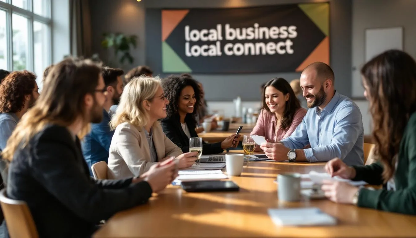 A diverse group of community members gathers at a local business networking event, engaging in discussions about strategies for small businesses, including search optimization and content creation. The atmosphere is lively as entrepreneurs share insights on how to gain a competitive edge in today's economy.