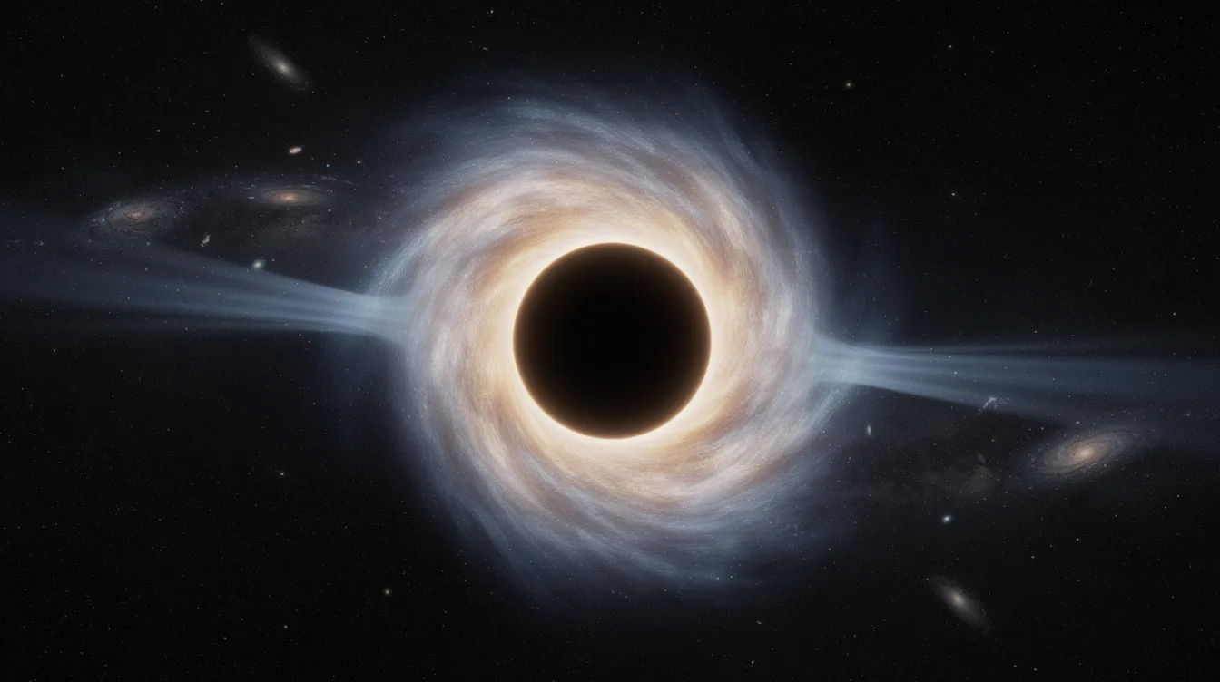 Das Bild zeigt ein leuchtendes schwarzes Loch im Weltraum, umgeben von einer hellen Akkretionsscheibe, die die physikalischen Theorien von Astrophysikern illustriert. Diese Darstellung erinnert an die Beiträge von Stephen Hawking zur Wissenschaft und zur Erforschung der geheimnisvollen Natur schwarzer Löcher im Universum.