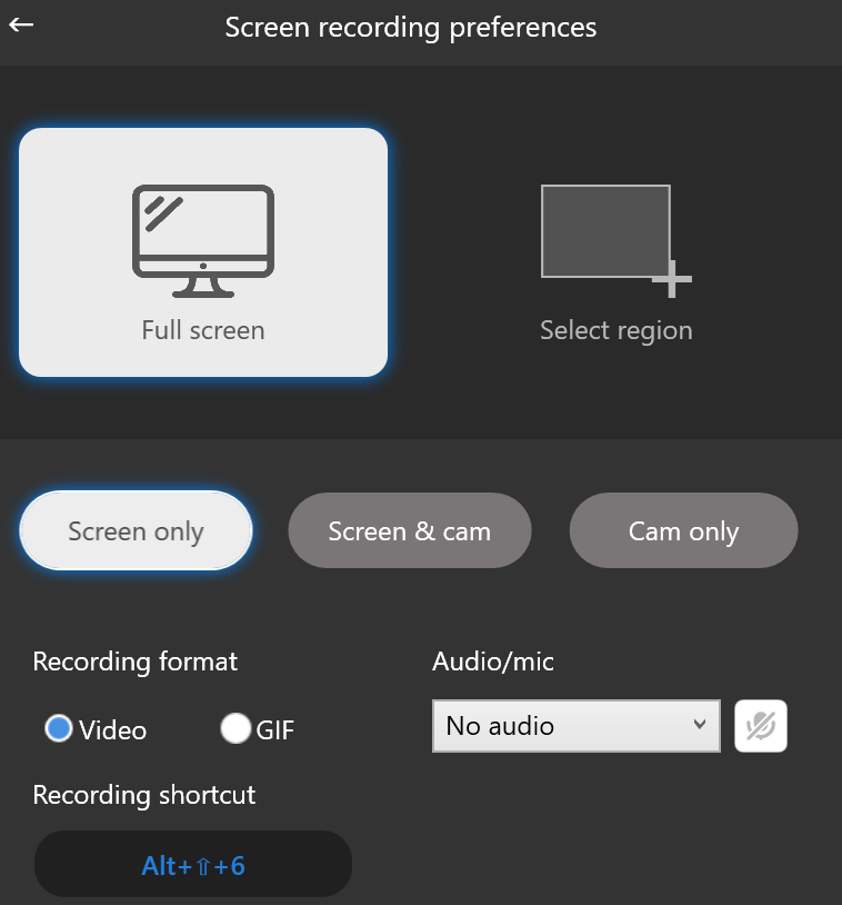 Zight's screen recording preferences on Acer