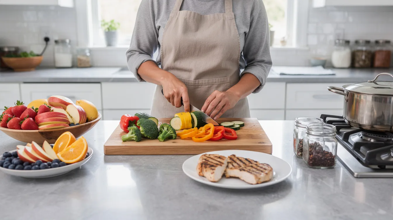 Una persona está preparando una comida saludable en una cocina moderna, con pollo, vegetales frescos y frutas coloridas, mientras se enfoca en mantener un estilo de vida saludable que puede ayudar a combatir la piel flácida después de perder peso. La escena refleja un compromiso con la calidad de la alimentación y el cuidado del cuerpo.
