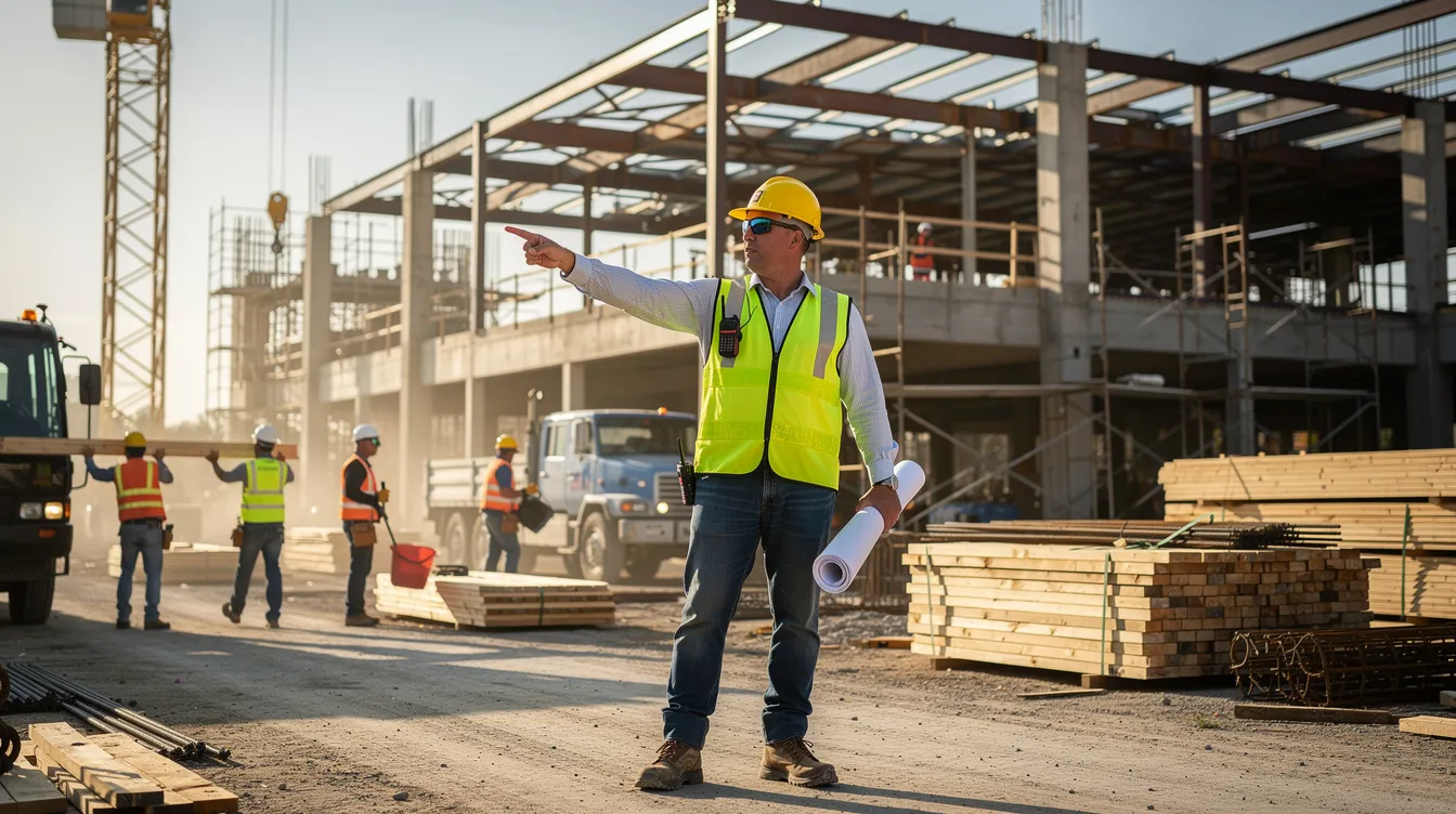 A construction foreman wearing a hard hat is actively directing crew activities on a bustling commercial jobsite, showcasing the dynamic environment of the construction industry. The scene highlights teamwork and the essential skills needed for various construction jobs, reflecting the importance of effective leadership in completing projects.
