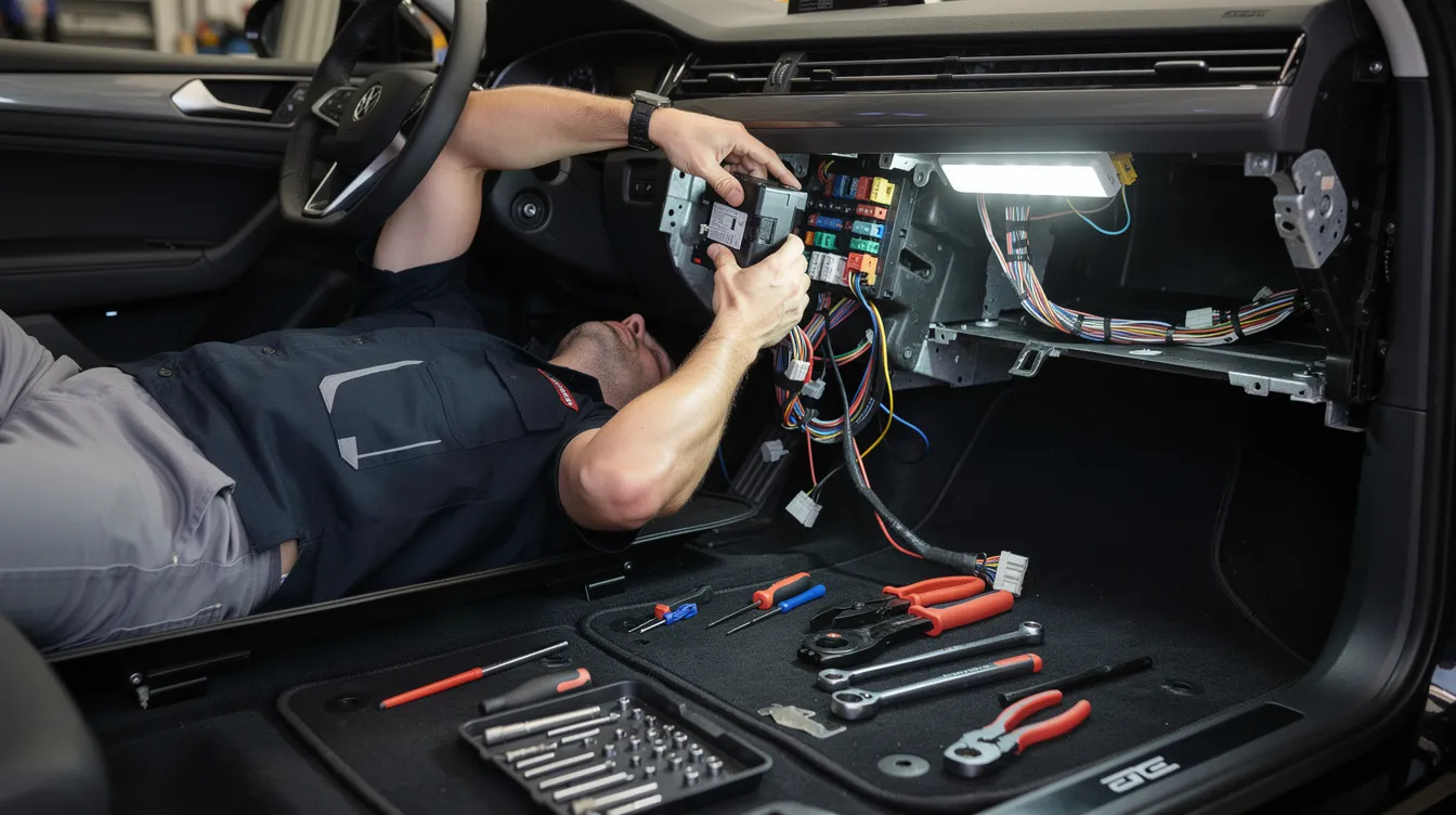 Professional Hardwired GPS Tracker Installation: A technician is seen installing a hardwired GPS tracker under a vehicle's dashboard, with various tools and wiring connections visible. 