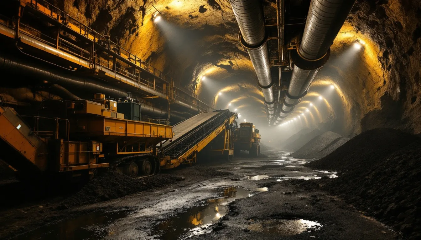 An underground coal mine scene showcases visible ventilation systems and various mining equipment, illustrating the complex infrastructure necessary for coal mining operations. The environment emphasizes the importance of worker safety and effective management of coal mine gases, such as methane, to protect miners and improve conditions in these active mining areas.