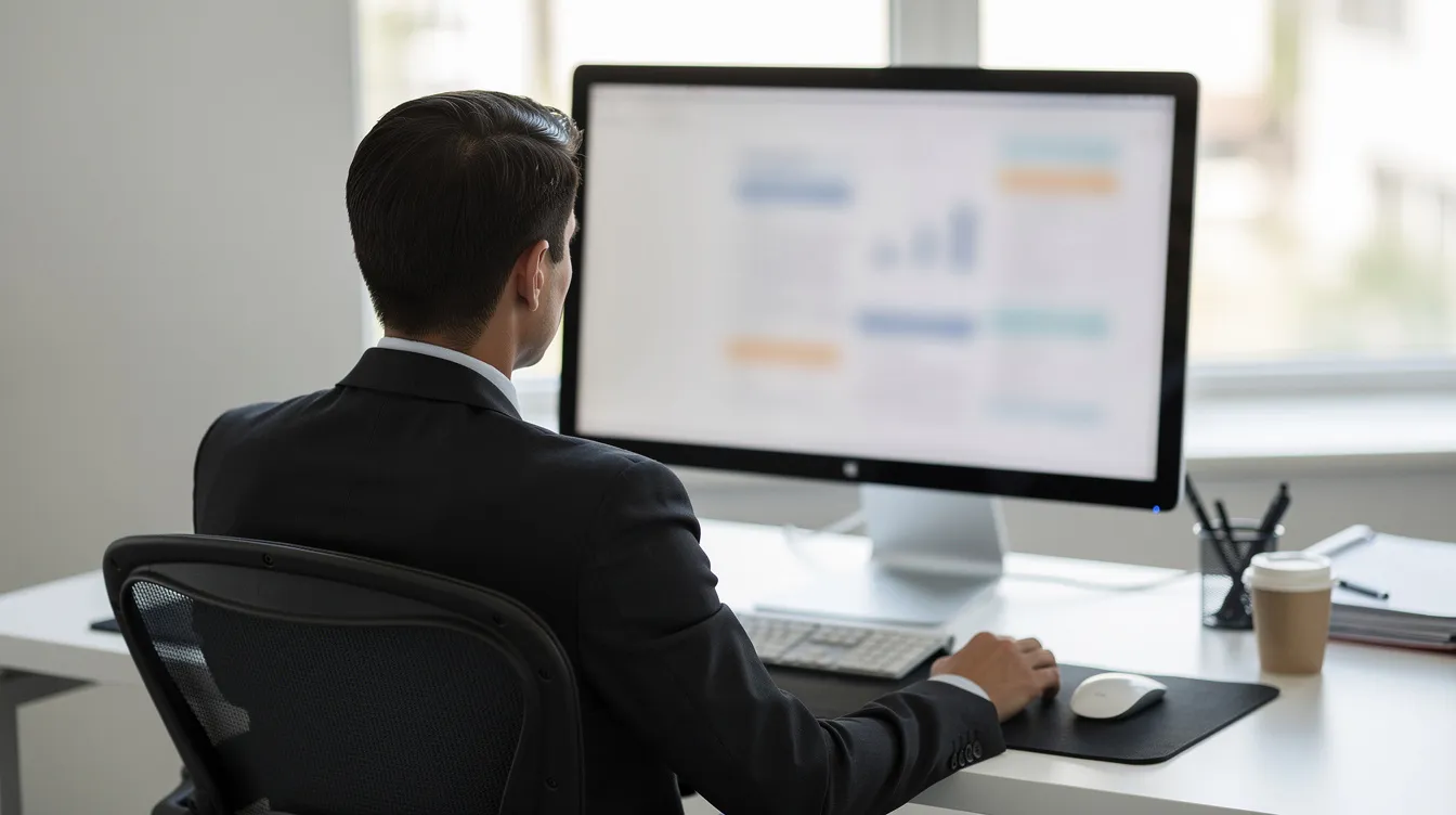 The image shows a real estate agent working on a computer from behind, focused on managing client relationships and tracking leads in the real estate industry. The setup suggests the use of real estate CRM software, emphasizing the importance of effective contact management and marketing automation in their daily tasks.