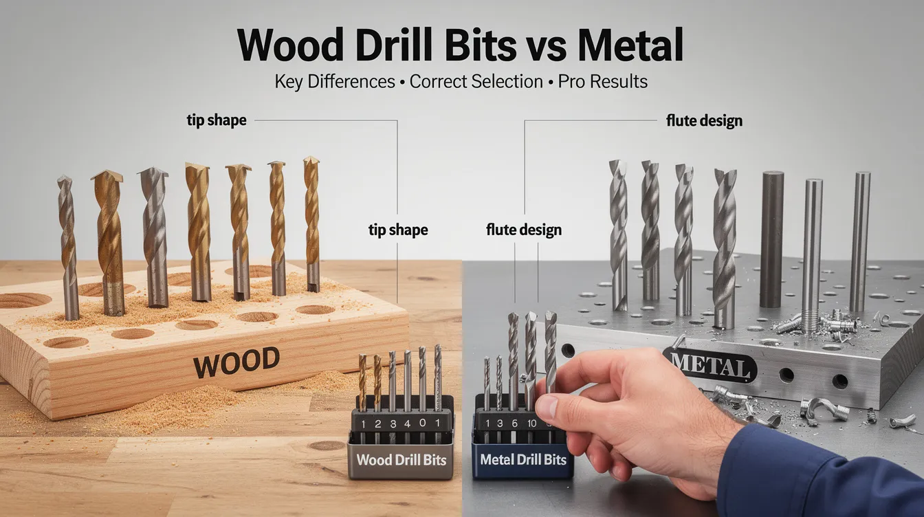 The image illustrates the key differences between wood drill bits and metal drill bits, showcasing various types such as brad point bits and twist drill bits. It highlights how wood bits are designed for cleanly slicing through wood fibers, while metal drill bits, made from high-speed steel or cobalt steel, are suited for tougher surfaces like sheet metal and create precise holes.