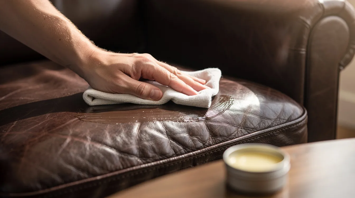 En närbild visar en hand som varsamt applicerar mjukt vaxmedel på en läderfåtölj, vilket framhäver den italienska designen och kvaliteten hos möblerna. Fåtöljen är en del av en modern inredning och visar på omsorg om produkter av högsta klass.