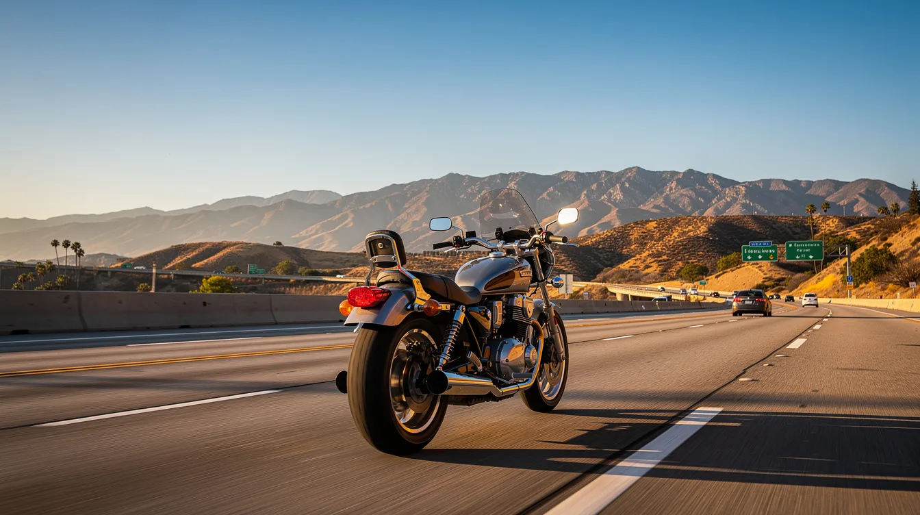 A motorcycle rider travels along a California freeway, with majestic mountains visible in the background. This scene captures the beauty of the open road, often frequented by motorcycle riders, who face serious risks such as motorcycle accidents that can lead to common injuries like traumatic brain injuries and spinal cord injuries.
