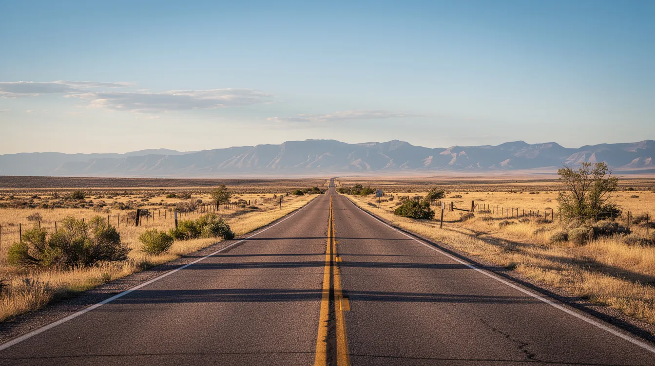 The image shows a two-lane highway winding through the dry plains of southern Colorado, with distant mountains visible on the horizon. This road may present hazards for drivers, highlighting the importance of road maintenance to prevent car accidents and ensure the safety of Colorado drivers.