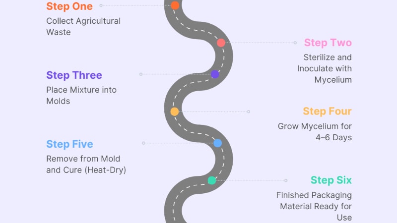 Flowchart showing steps in manufacturing of mycelium packaging