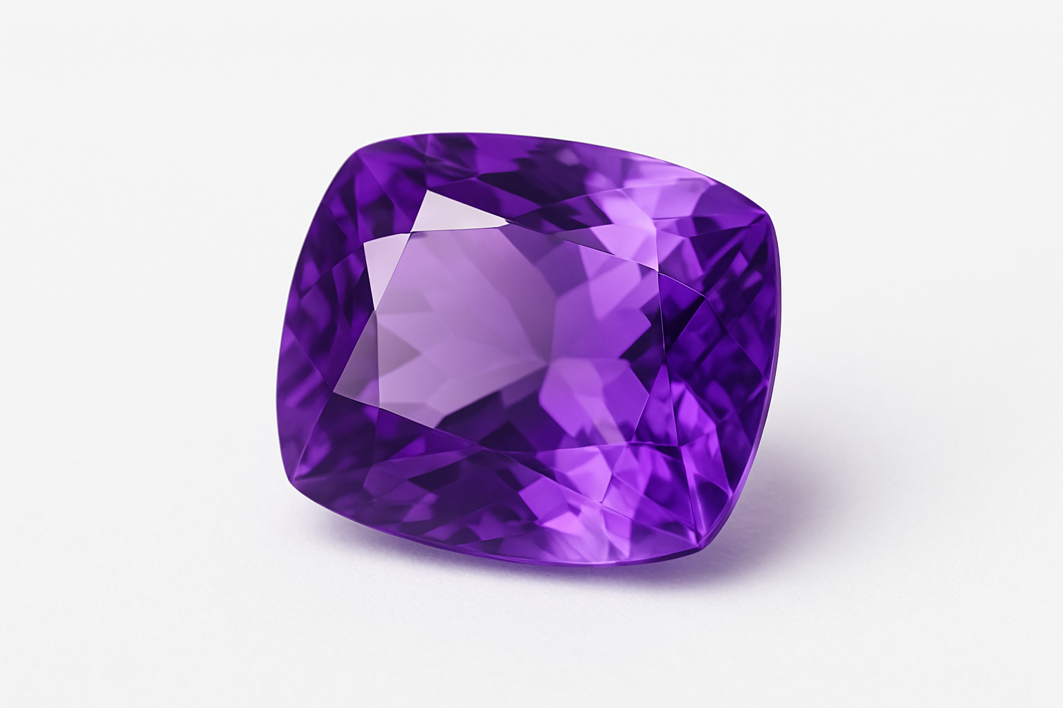Violetinis ametistas briliantinio šlifo, padėtas ant balto fono. Akmuo spindi švelniais levandų ir giliai violetiniais atspalviais, matomos išryškintos kristalinės struktūros detalės ir subtilūs šviesos atspindžiai