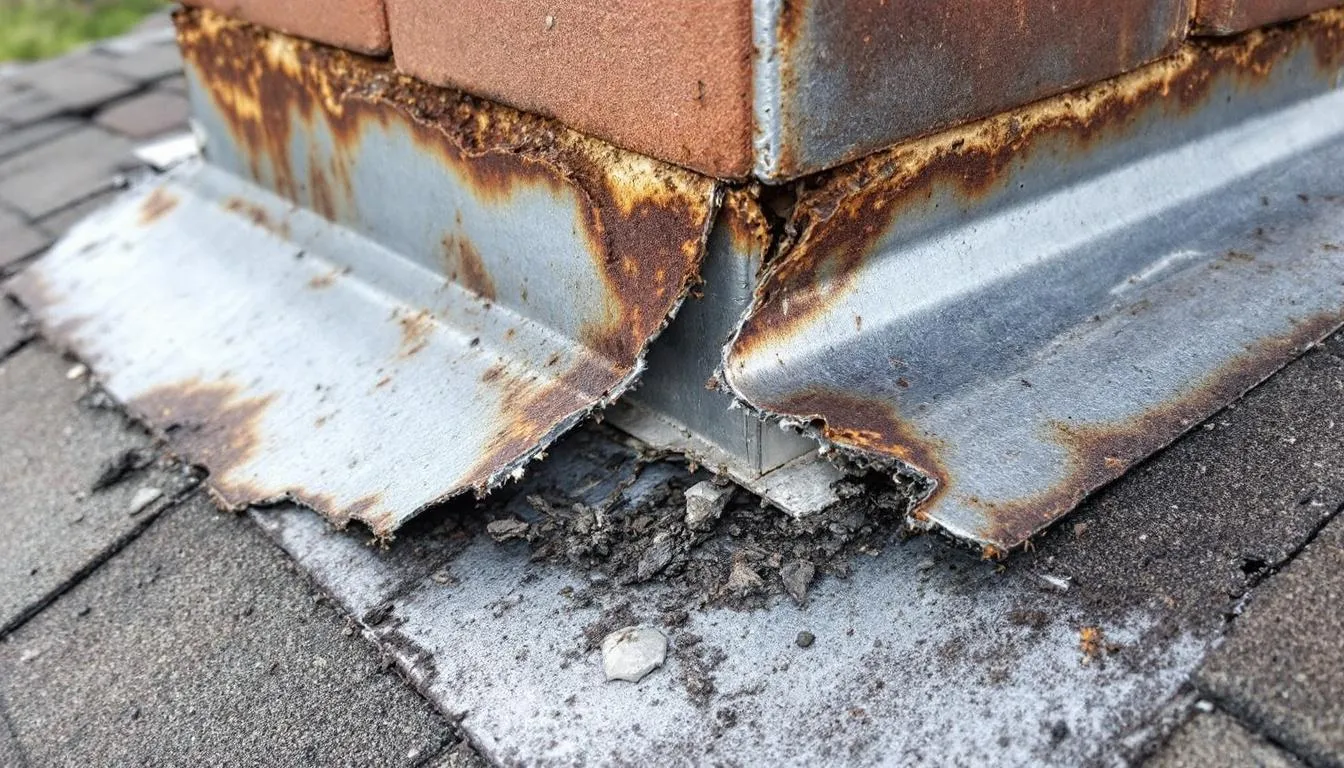 The image shows a close-up view of damaged roof flashing around a chimney, highlighting rust and noticeable gaps that indicate potential issues with water infiltration. This condition emphasizes the need for professional roof flashing repair to prevent further water damage and ensure a watertight seal.