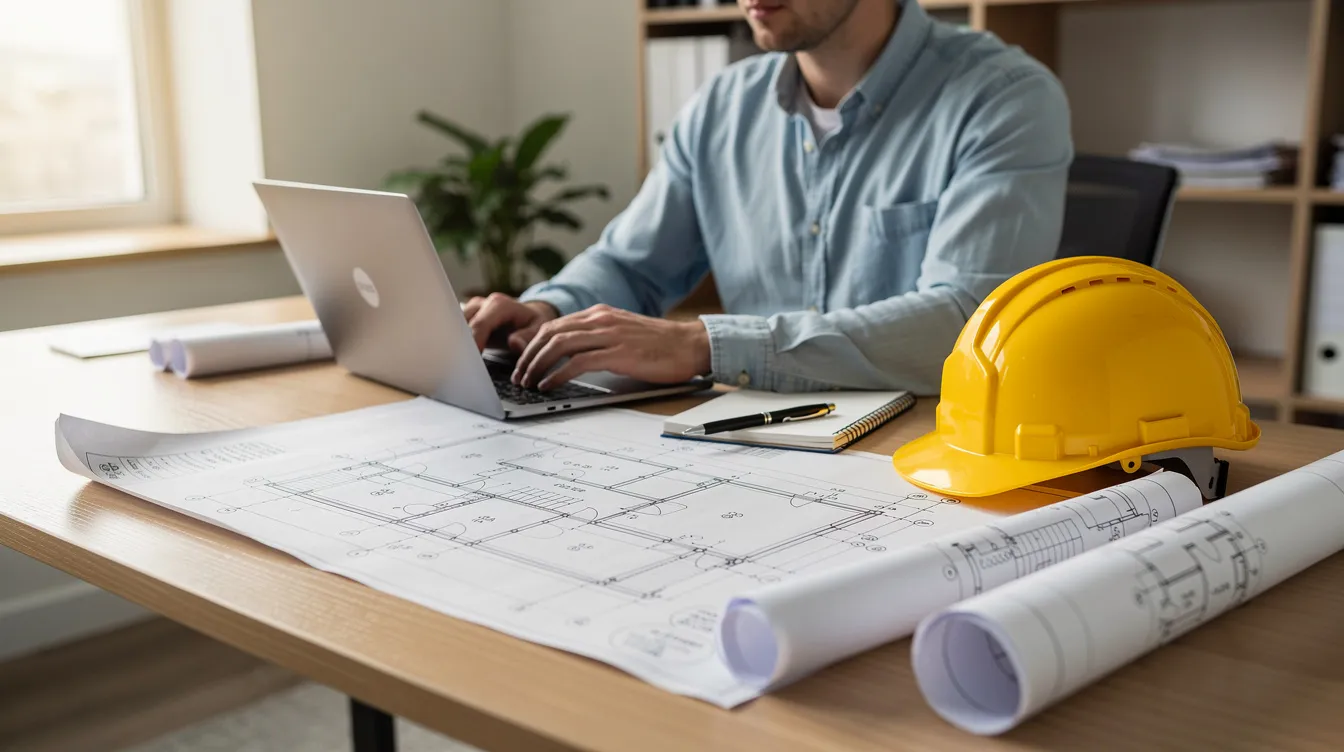 A person sits at a desk using a laptop, surrounded by construction project blueprints and a hard hat, symbolizing the intersection of digital marketing and the construction industry. This scene highlights the importance of innovative digital marketing strategies for construction companies and their projects.