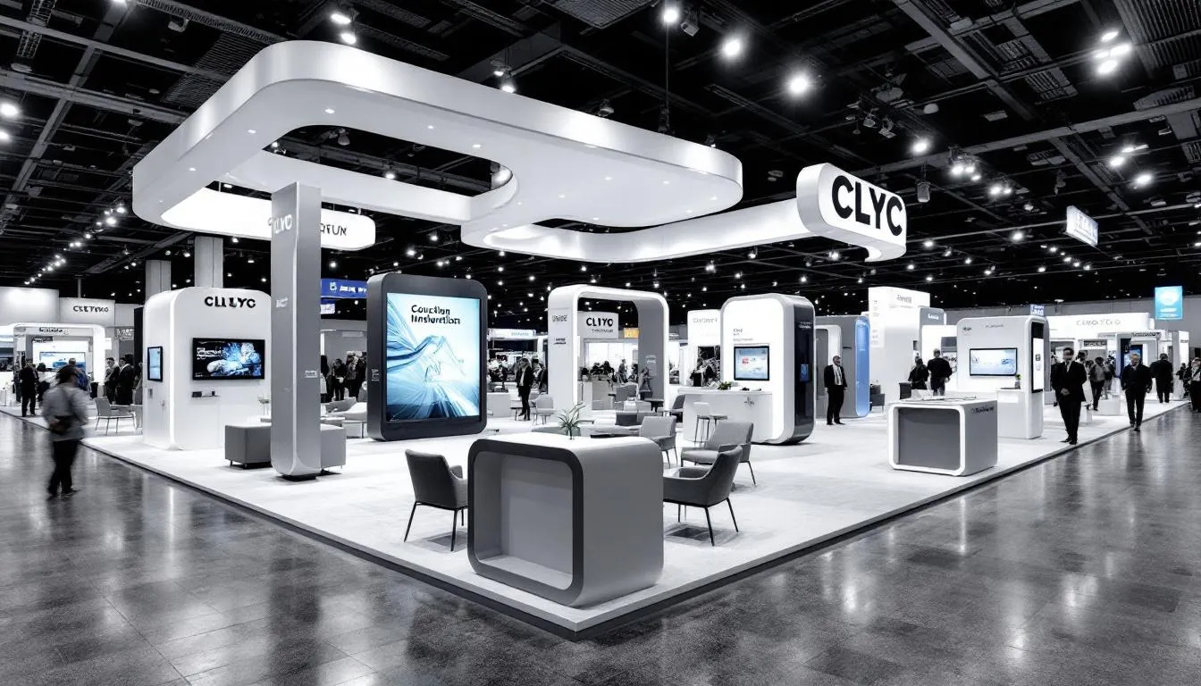 The image shows a wide view of a large custom trade show booth featuring multiple zones and interactive areas designed to enhance brand presence. It includes various display stands, retractable banner stands, and signage, creating an inviting space for potential clients and attendees to explore.