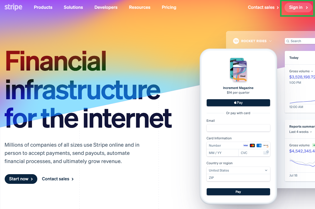 A screenshot of Stripe's website.