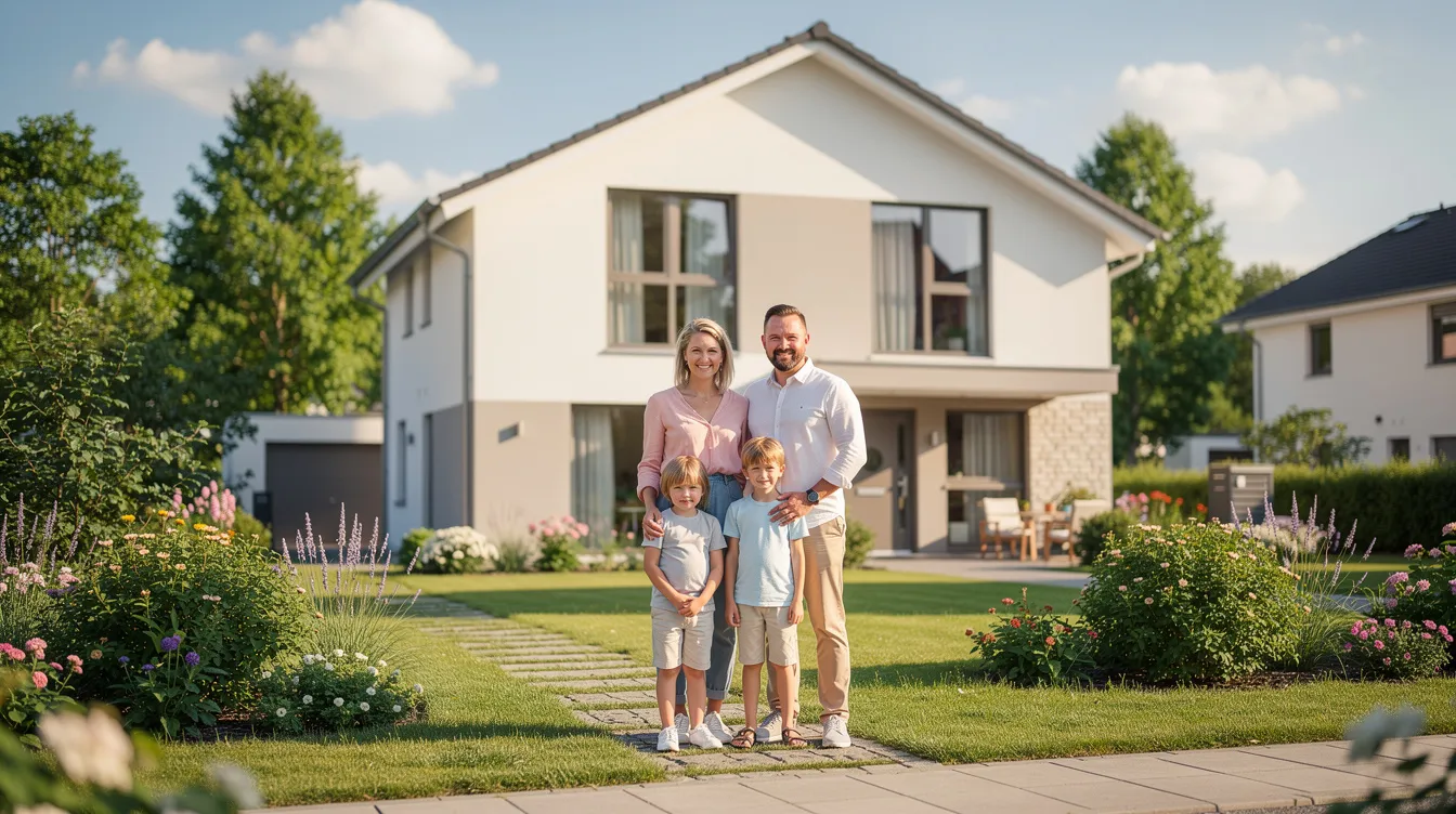 Eine Familie steht glücklich vor ihrem Einfamilienhaus mit einem kleinen Garten in einer grünen Nachbarschaft. Die Eltern und ihre Kinder wirken zufrieden, während sie die Vorteile ihrer Baufinanzierung und die Flexibilität der Sondertilgungsoptionen in Betracht ziehen.