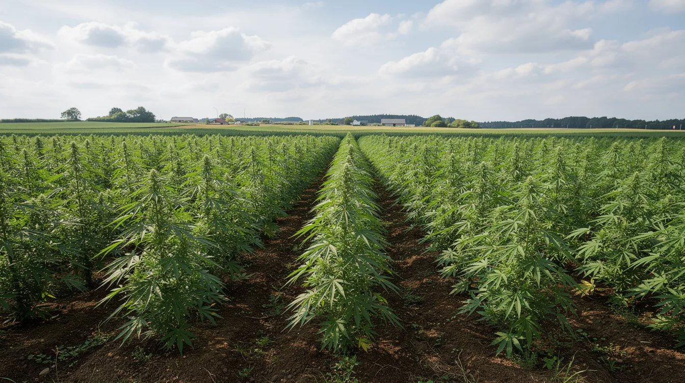 A wide agricultural field features rows of vibrant green hemp plants, stretching under a partly cloudy sky in a serene rural setting. This scene highlights the thriving hemp industry, which is legal in North Carolina under federal law, emphasizing the growth of hemp-derived products in compliance with state and federal regulations.