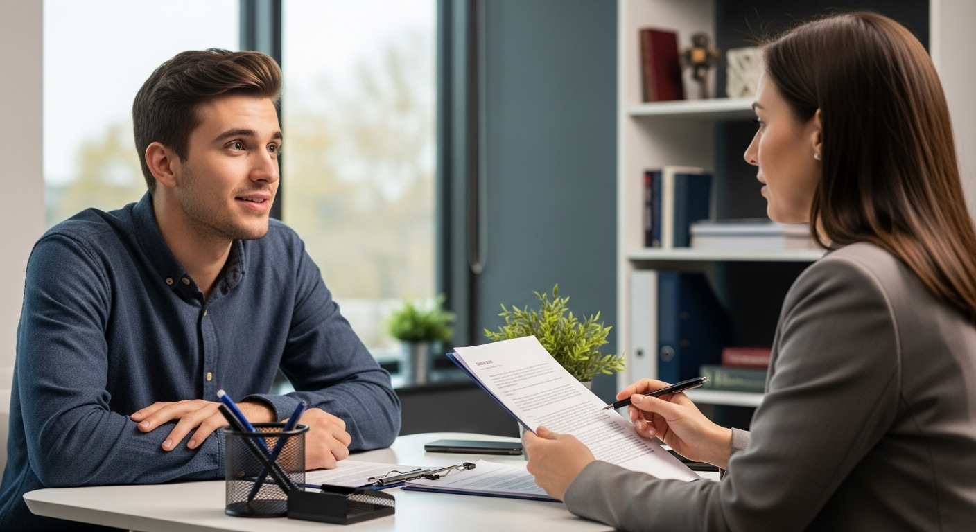 Applicant participating in brief admissions interview after essay review.