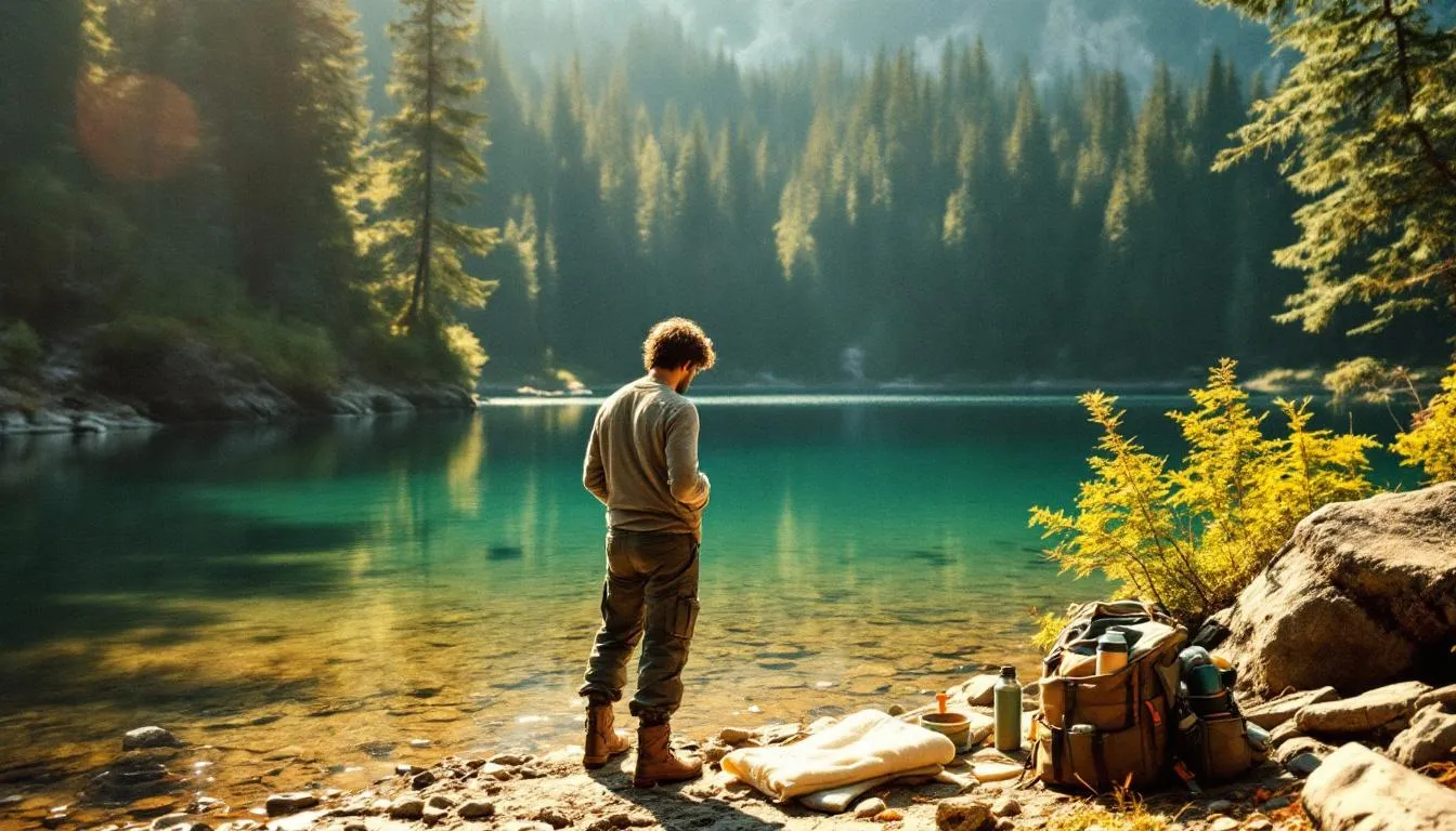 Preparation for a cold plunge adventure, showcasing essential gear and a serene setting.